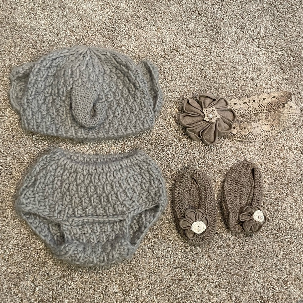 Baby soft gray elephant hat+diaper cover & Canvas crochet head bow+booties sets
